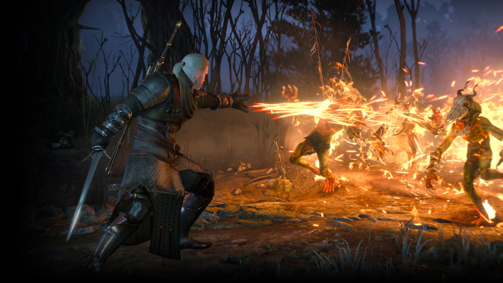The witcher 3. Gerald fights skinwalkers with a flame spell 